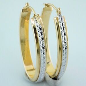 14k two-toned white/yellow gold diamond cut hoop earrings